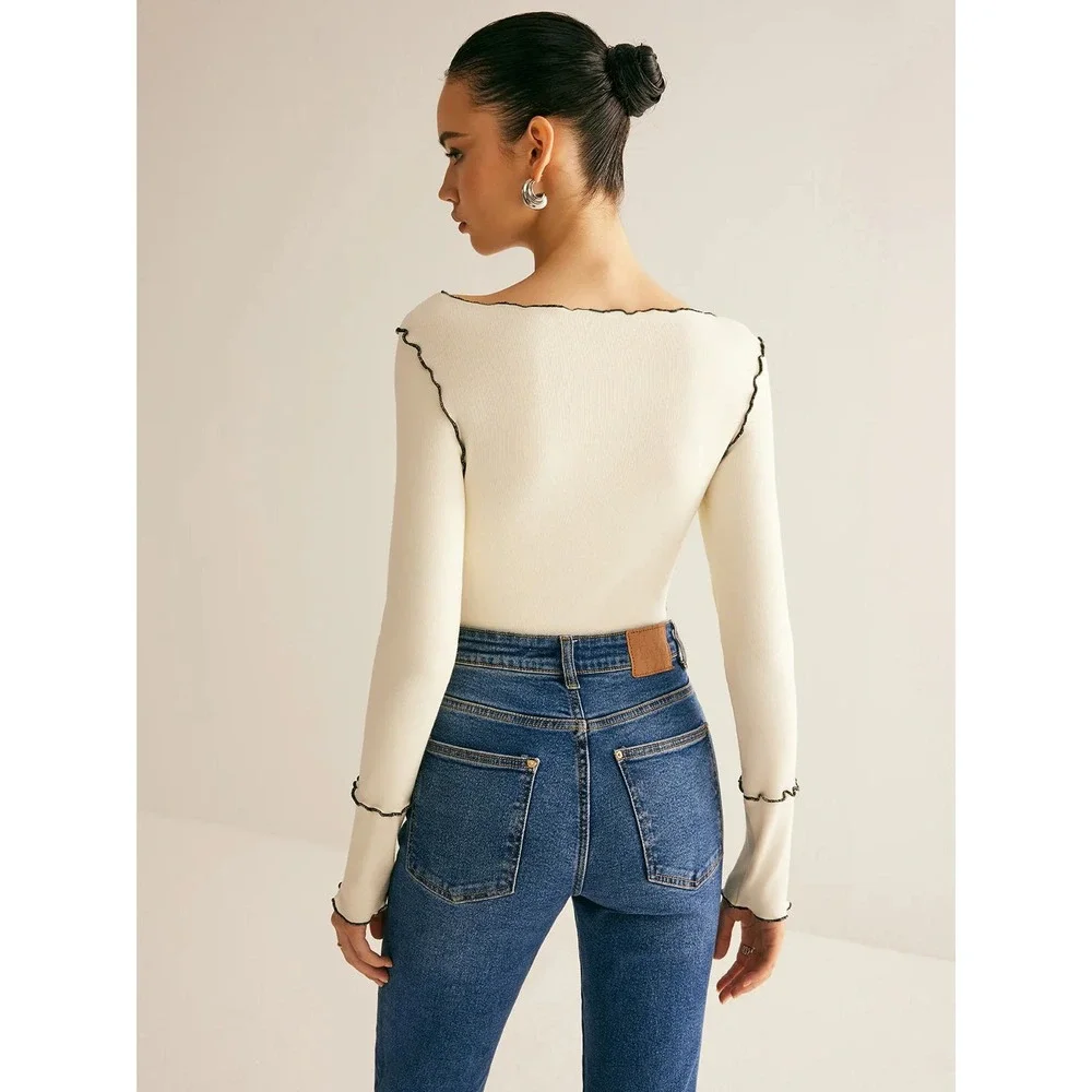 Commense‎ Deep Burgundy Ribbed Lettuce Hem Seam Detail Long Sleeve Top Small - Picture 6 of 13